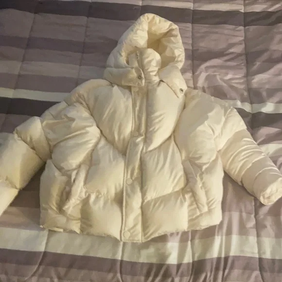 Petite Cream Nylon Oversized Curved Panel Wadded Puffer (UK Size)